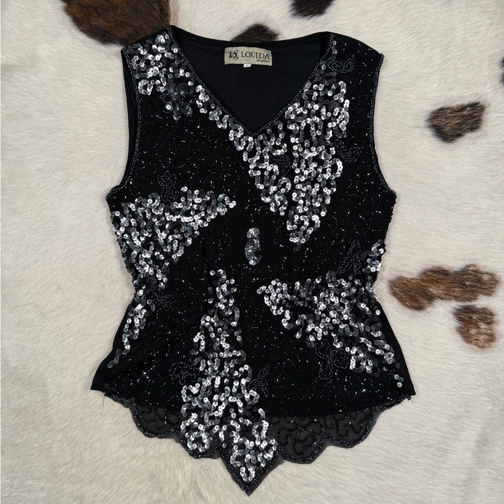 Vintage Black Sequin Beaded Top Fairy Hem Y2K Party Tank Medium Stretchy